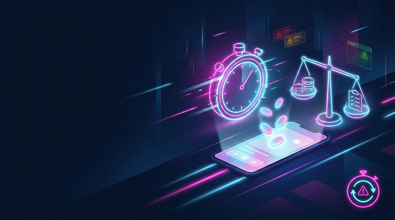 NaoBet hero banner with neon-magenta stopwatch badge, ice-blue light streaks, and glitch edges on midnight-blue background